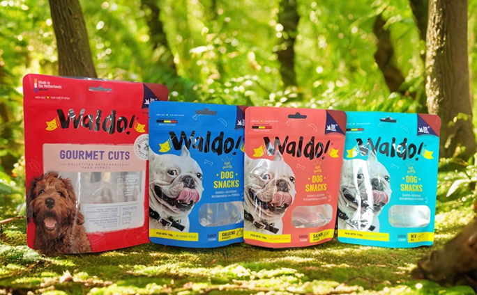 Colorful pet food packaging pouches in various designs