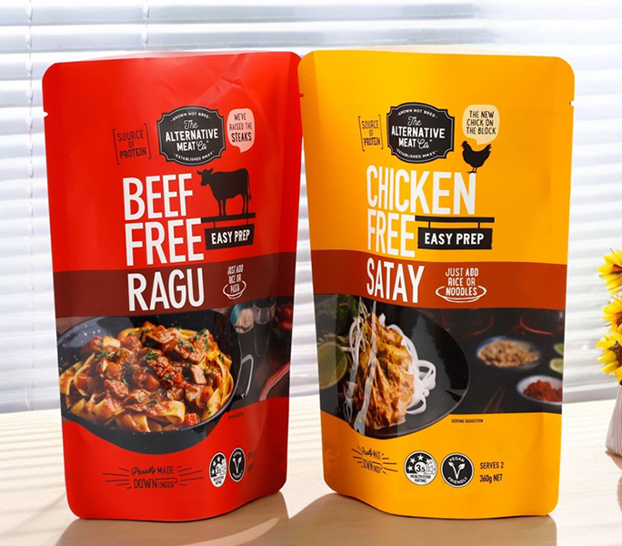 Ready-to-eat meal packaging with food photography